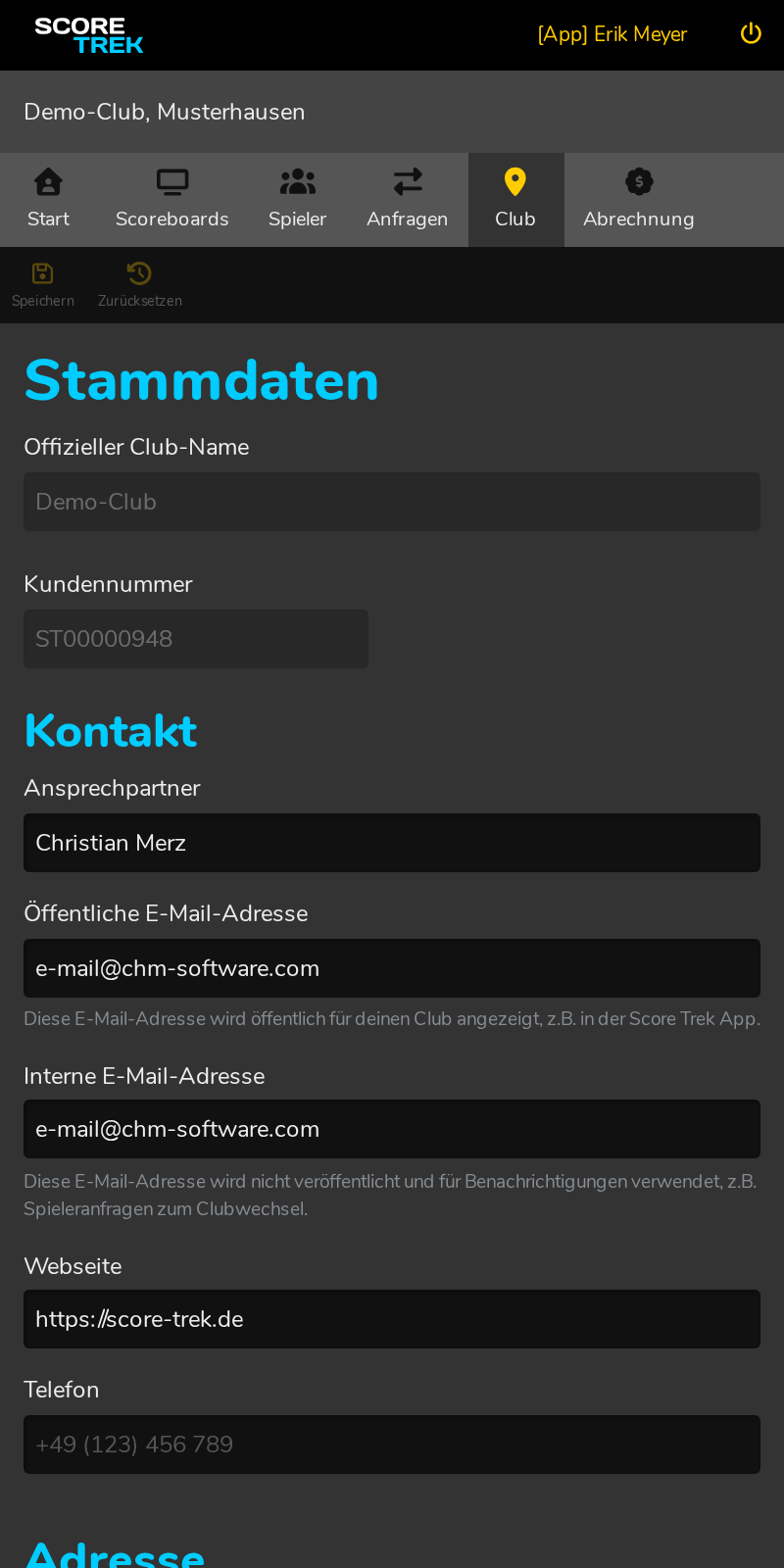 Vereinseinstellungen: Kontaktdaten, Adresse, Logo und Benachrichtigungs-E-Mail.