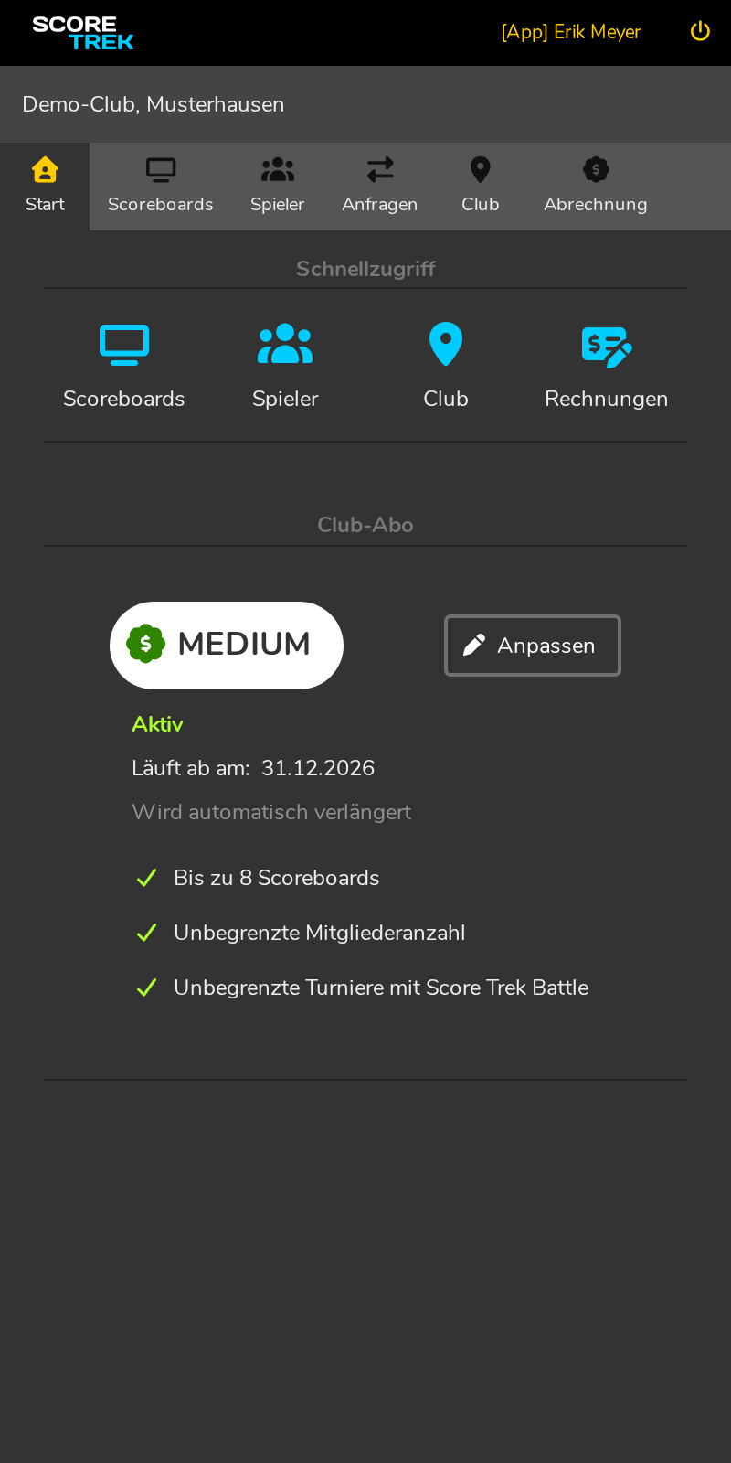 Das Dashboard zeigt den Plan-Status und Schnellzugriff auf alle Verwaltungsbereiche.