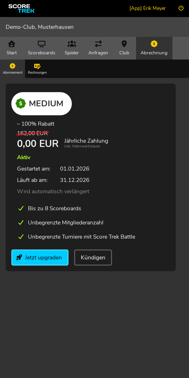 Plan-Verwaltung mit aktuellem Status und Rechnungen.