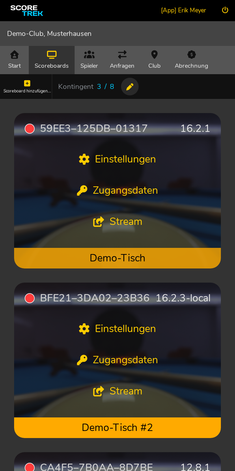 Liste aller Scoreboards des Clubs mit Kontingent-Anzeige.