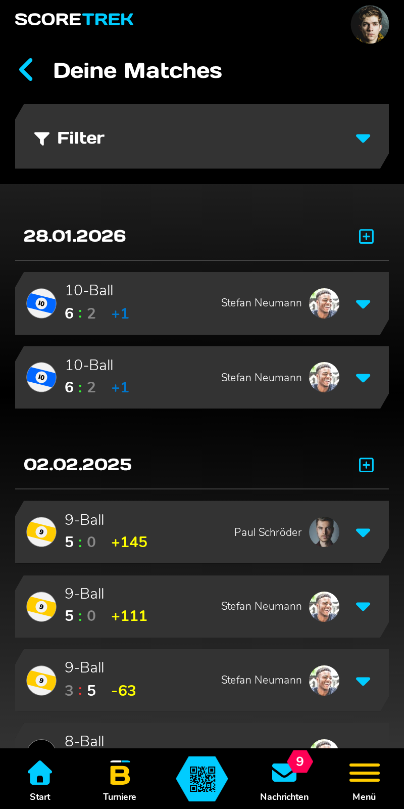 Die Match-Liste mit Filtern.