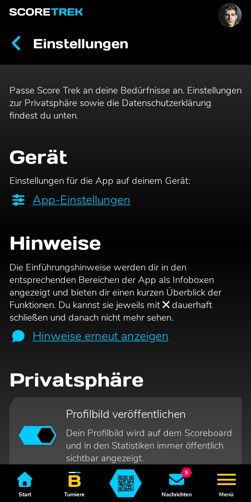 Die Einstellungen der Score Trek App.