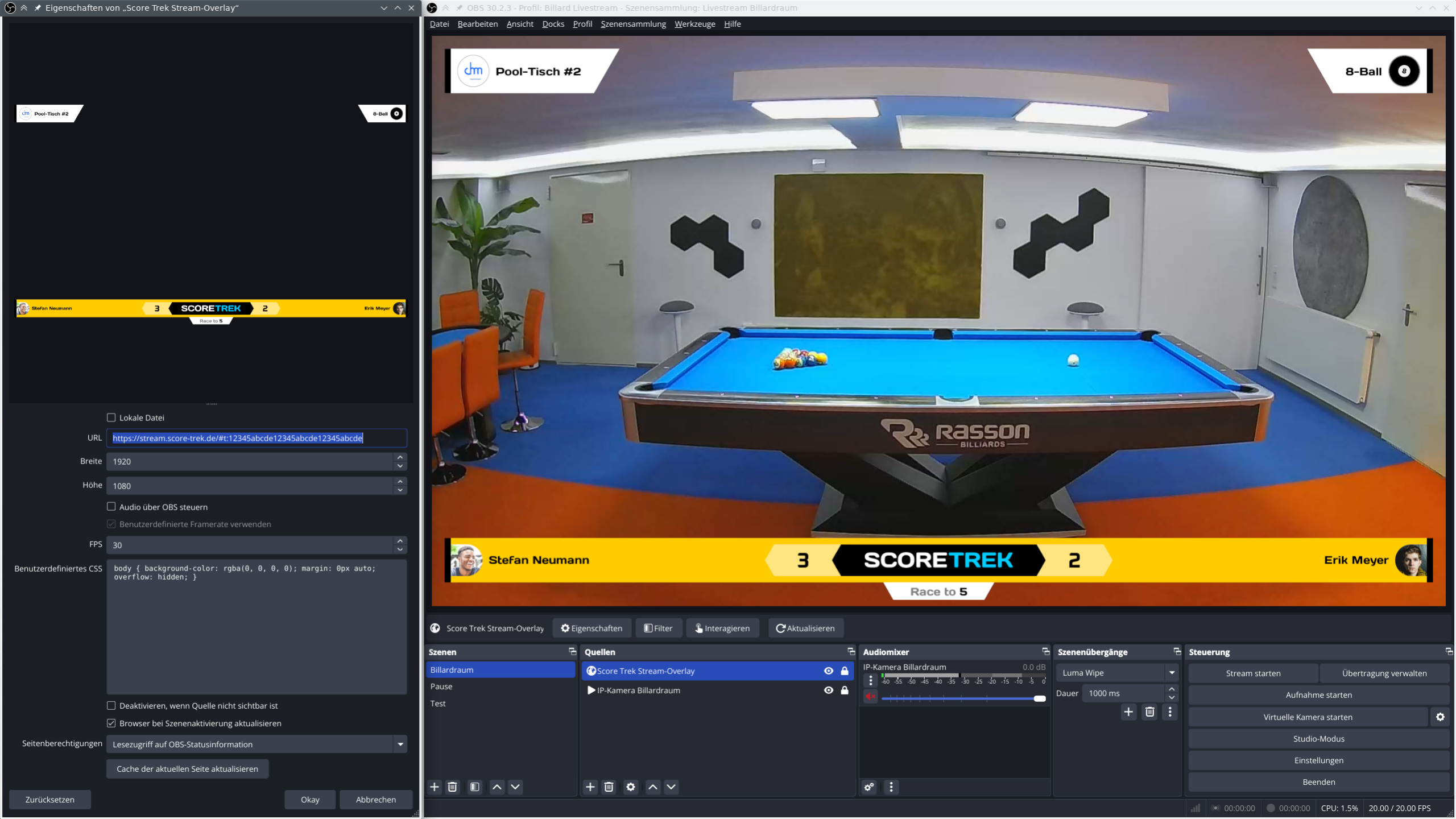 Das Score Trek Overlay als Browser-Quelle in OBS Studio, über dem Kamerabild platziert.