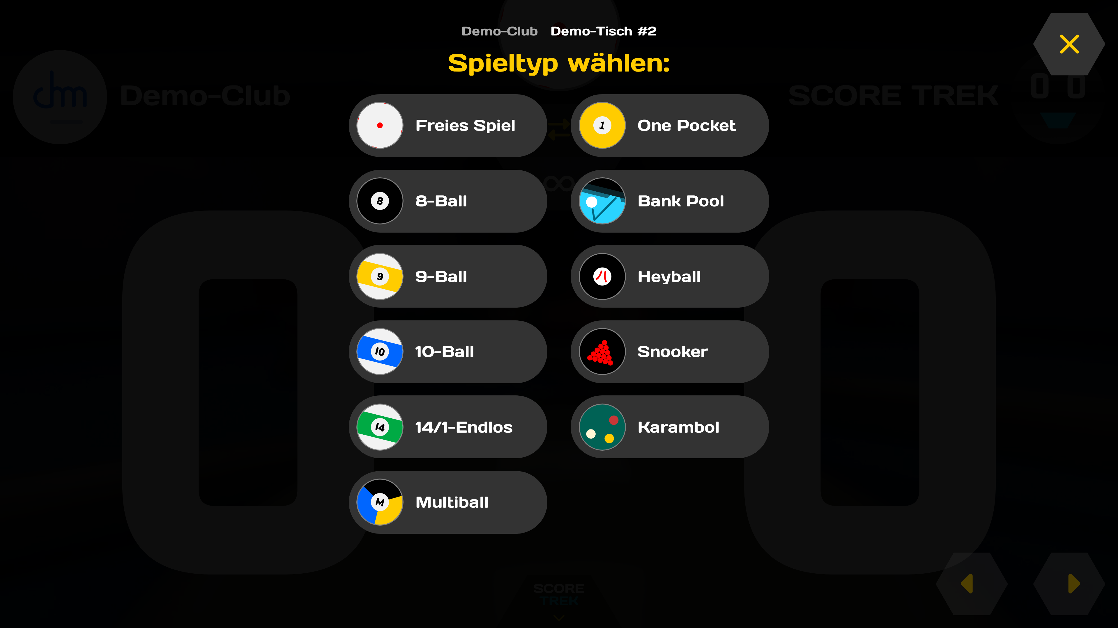 Spieltyp-Auswahl am Scoreboard mit allen verfügbaren Disziplinen.
