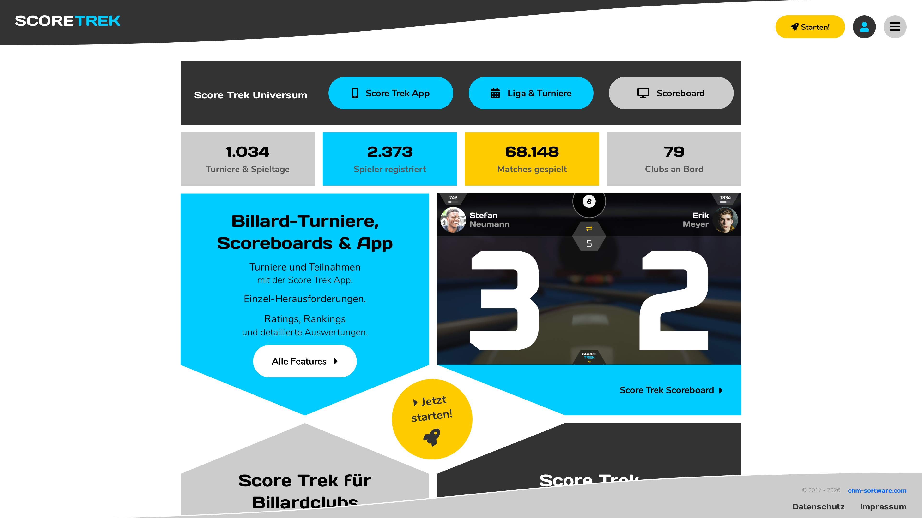 Die Startseite von score-trek.de mit dem Button „Starten!“ oben.