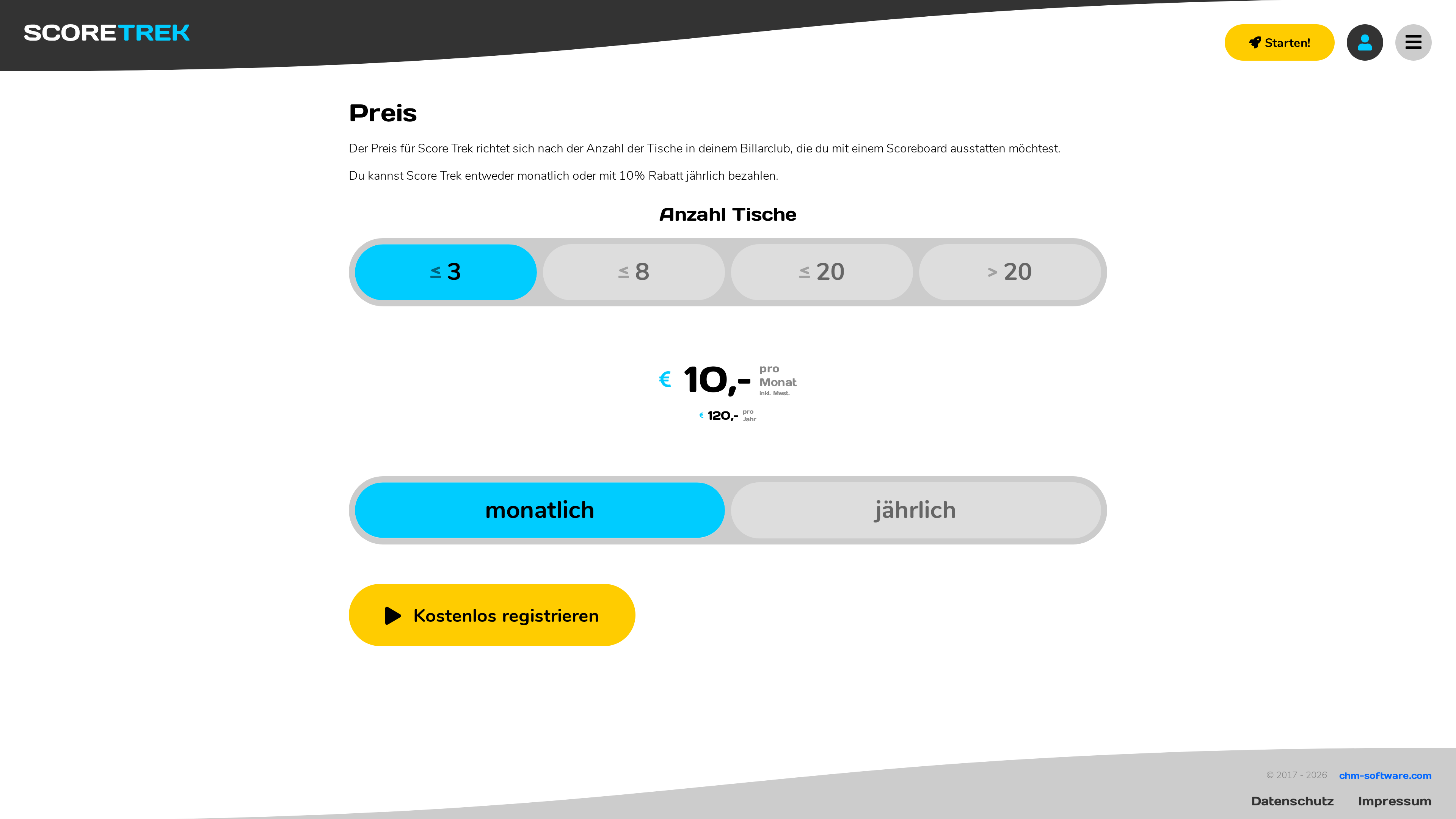 Preisübersicht auf score-trek.de mit den drei Tisch-Kategorien.
