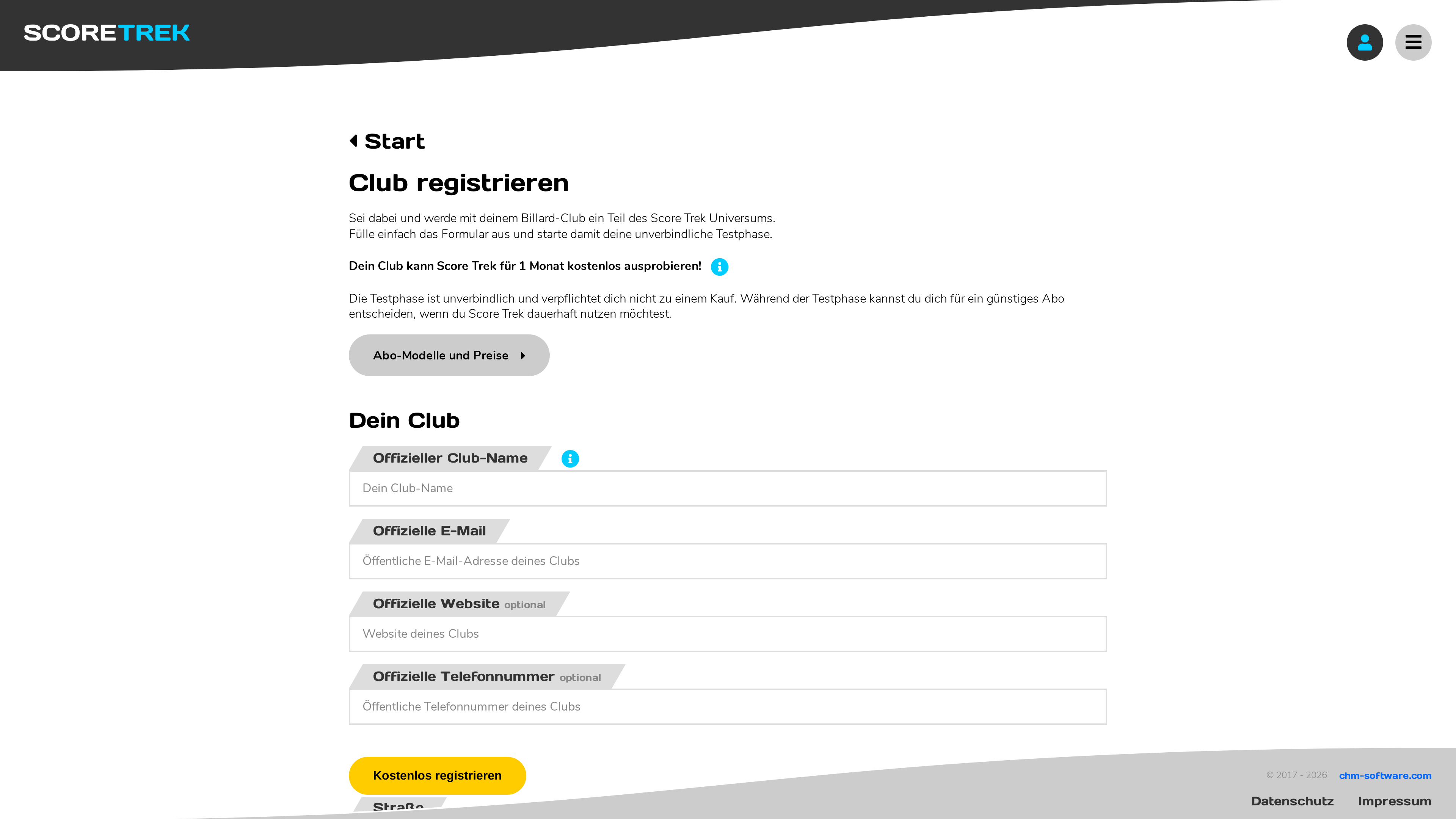 Die Club-Registrierung auf score-trek.de.